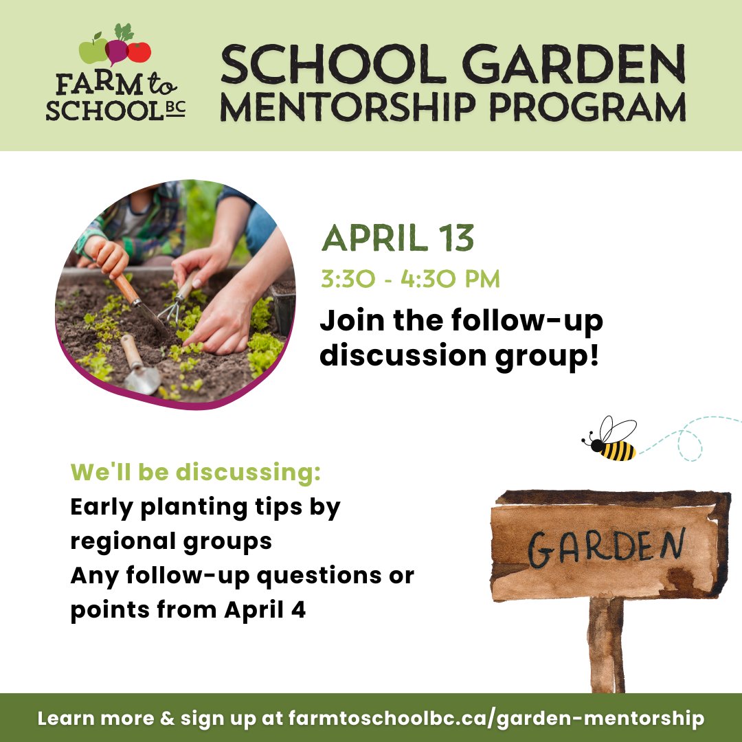 FarmtoSchoolBC's tweet photo. 🌱 April 4th - "Outdoor Planting." We will discuss how to plant with your class using crop cards, scaffolding gardening skills for students, deter vandalism with signage, season extension and early Spring planting.

https://t.co/rpQXCN34BD 🌱🌻🌼 #schoolgardens #education https://t.co/Y5Gw7KGhNS