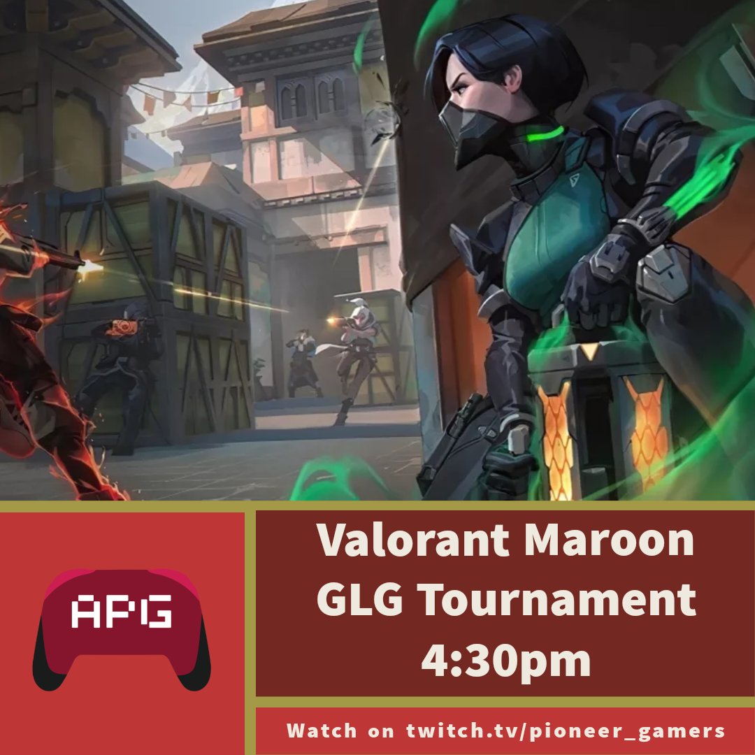 Our Maroon team is competing in the GLG Valorant Tournament at 4:30 this afternoon! Join the stream to support them: twitch.tv/pioneer_gamers