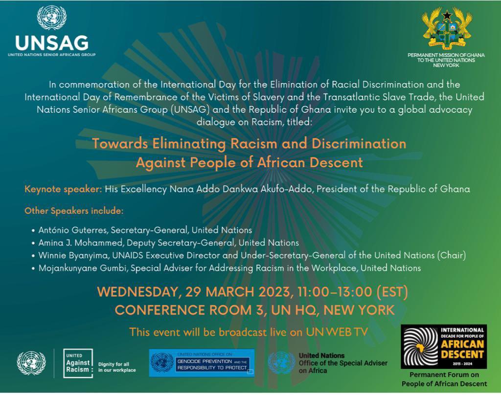 SLOtoUN's tweet photo. Under Ghana's leadership UN held a global advocacy dialogue on how to move forward in our efforts to eliminate racism and discrimination against people of African descent.
#racialdiscrimination #victimsofslavery https://t.co/qHXF5THuG7