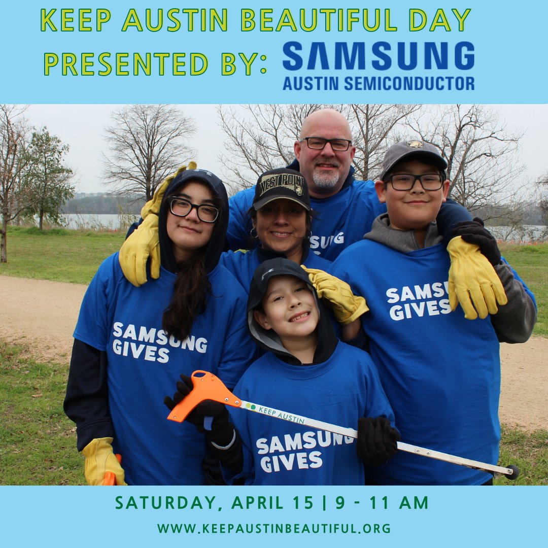 KAB_Austin's tweet photo. Thank you to our Presenting Sponsor @SamsungAustin for making Keep Austin Beautiful Day possible! We have over 2,000 opportunities in 100 sites across the city. Sign up to volunteer today! Link in bio. #KeepAustinBeautiful #KABD https://t.co/D1IlsDLo7L