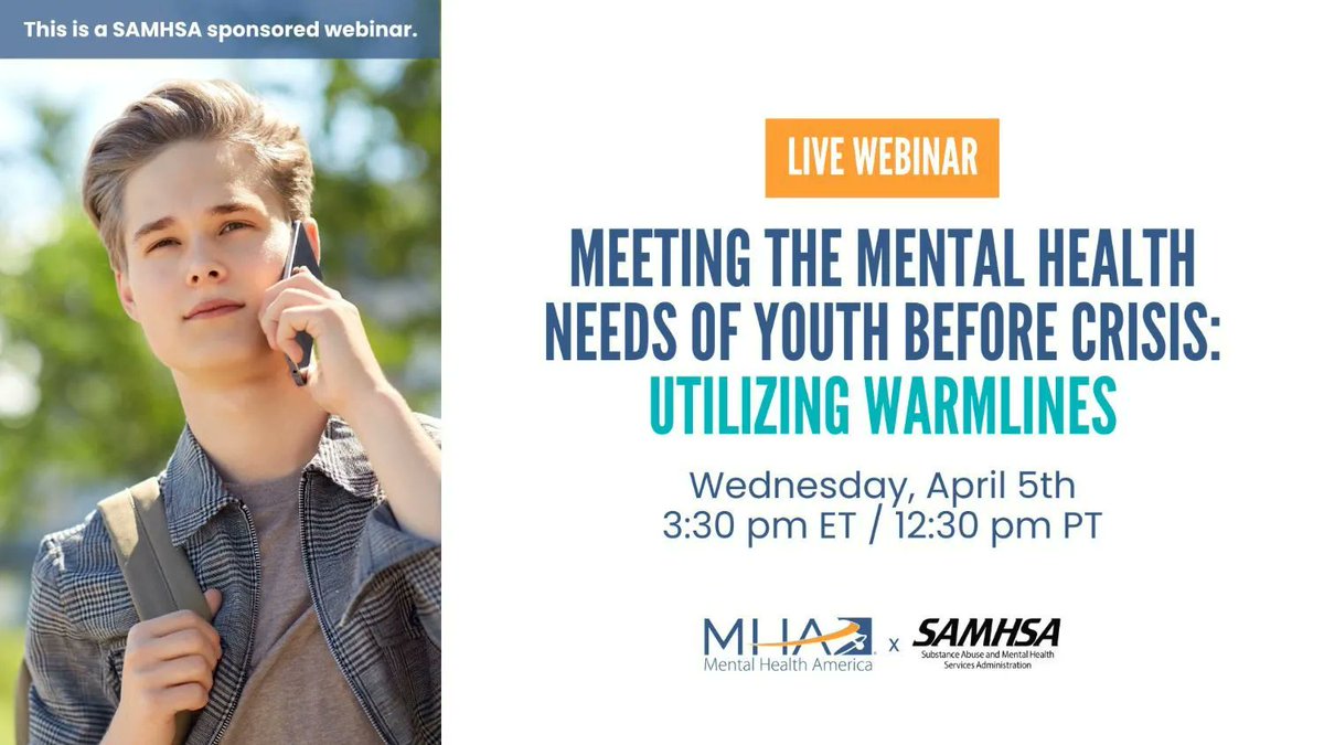KittOMalley's tweet photo. Meeting the mental health needs of youth before crisis: Utilizing warmlines
Wednesday, April 5th
3:30 pm ET | 12:30 pm PT
https://t.co/p7nKRxFnwL
#YouthMentalHealth #MHAWebinar #Webinar #MentalHealth #Warmlines https://t.co/UVGtoDtMQM