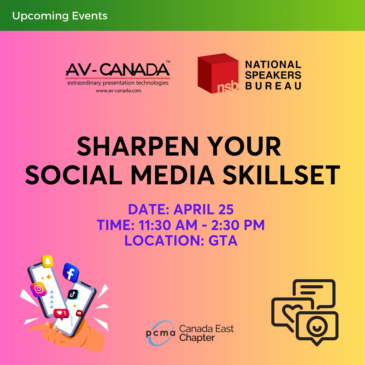 Join us for PCMA CE’s next Lunch ‘n’ Learn event and kick your social media skills up a notch! Date: April 25, 2023 Time: 11:30am – 2:30pm Location: GTA Registration & more info 👉 buff.ly/3Zm96bV #pcmace #pcma #eventprofs #meetingprofs