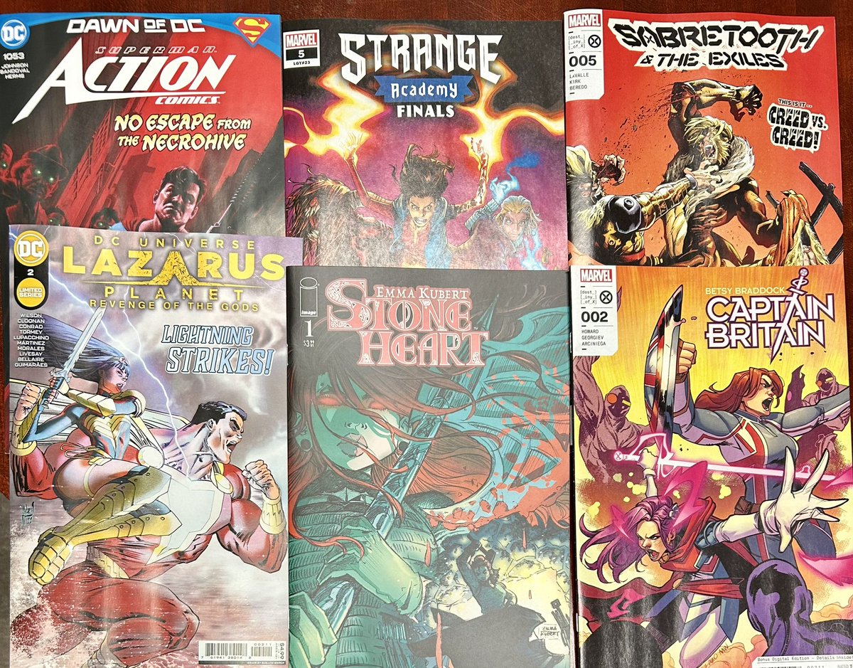TheNewMutant's tweet photo. Y'all know what Wednesday gives #newcomicbookday #ActionComics #StrangeAcademy #SabretoothandtheExiles #LazarusPlanetRevengeoftheGods #StrongHeart #BetsyBraddockCaptainBritain https://t.co/XbUDCsd0s0