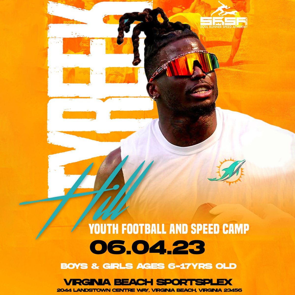 sportsplexvb's tweet photo. We are excited to welcome the Miami Dolphins' 3X All-Pro WR and Super Bowl LIV Champion, Tyreek Hill to the Virginia Beach Sportsplex this summer on June 4th for a youth football and speed camp!  
Use the sign up link below to reserve your spot now! 
https://t.co/aVIjko3MJy https://t.co/ugYxo4WVXf