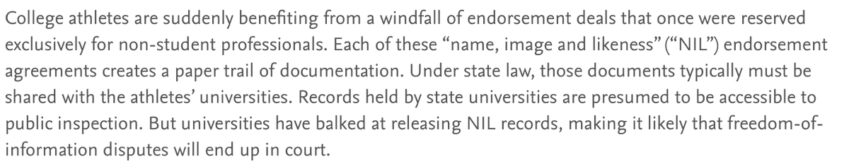 In a new paper for <a href="/TempleLawReview/">Temple Law Review</a>, "Blowing the Whistle on NIL Secrecy," <a href="/FrankLoMonte/">Frank LoMonte</a> and <a href="/rjonesey10/">Rachel Jones</a> address the legal and ethical paradoxes of name, image and likeness and public disclosure. 

papers.ssrn.com/sol3/papers.cf…