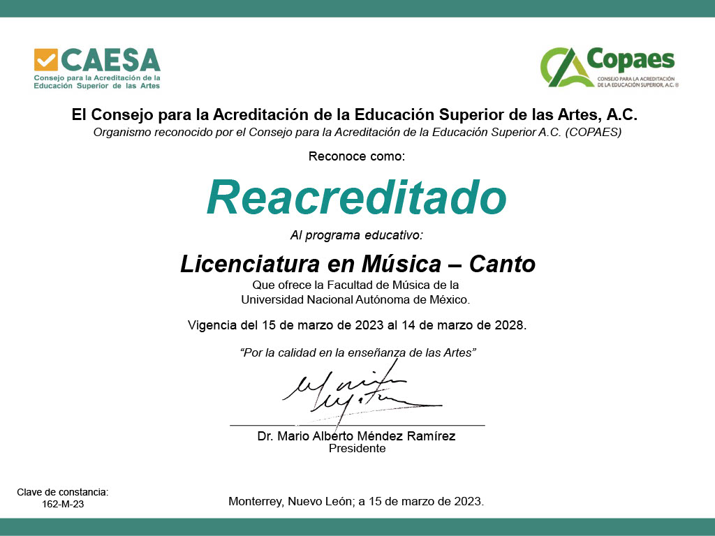 CopaesMx's tweet photo. Contribuyendo al objetivo de fortalecer la calidad y la permanente mejora de la educación artística profesional, el #CAESA reacreditó a la Licenciatura en Música-Canto que ofrece la Facultad de Música de la UNAM. @CopaesMx los felicita! #CopaesAcreditación @ENM_UNAM https://t.co/kBlAzoXEAd