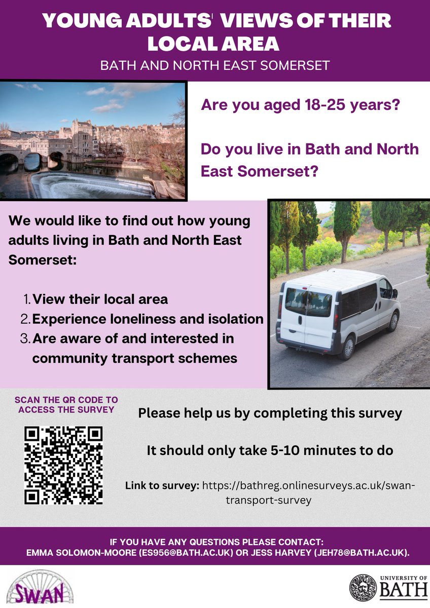 If you are aged 18-25 years and living in Bath and North East Somerset, please help us by filling in this 5-10 minute survey: bathreg.onlinesurveys.ac.uk/swan-transport…. 
We would like to find out how young adults living in Bath and North East Somerset view their local area. 
Please RT!