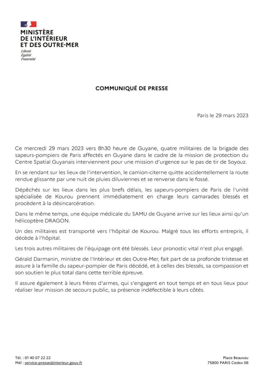 Grande tristesse à l’annonce du décès d’un sapeur-pompier de Paris, alors qu’il intervenait dans le cadre de la mission de protection du Centre Spatial Guyanais. Pensées pour sa famille et ses proches. Plein soutien aux trois autres militaires blessés dans l’accident.