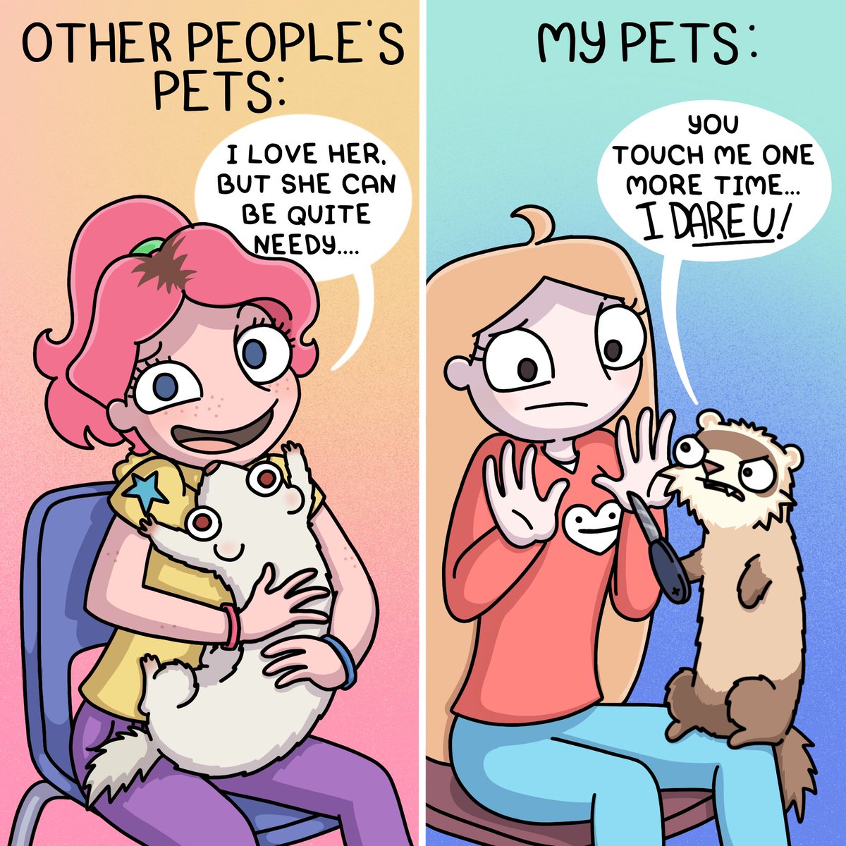 ThEy ArE NoT LiKe OtHeR PeTs... 🌶🌶
I am envious seeing people’s ferrets being super cuddly. My bois are spicy to the core, and I only get a few seconds of holding them , before they need to go go go again.🤣
#ferretlove #cartoon #petowner #comicstrip #funnycomics #ferretsofig