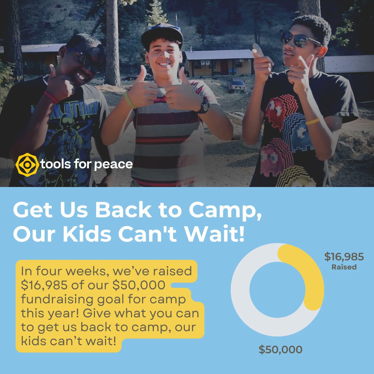 Through the month of March, help us March forward with our intention to return to in-person camp! In four weeks, we’ve raised $16,985 of our $50,000 fundraising goal for camp this year! Give what you can to get us back to camp: toolsforpeace.org/summer-teen-ca….