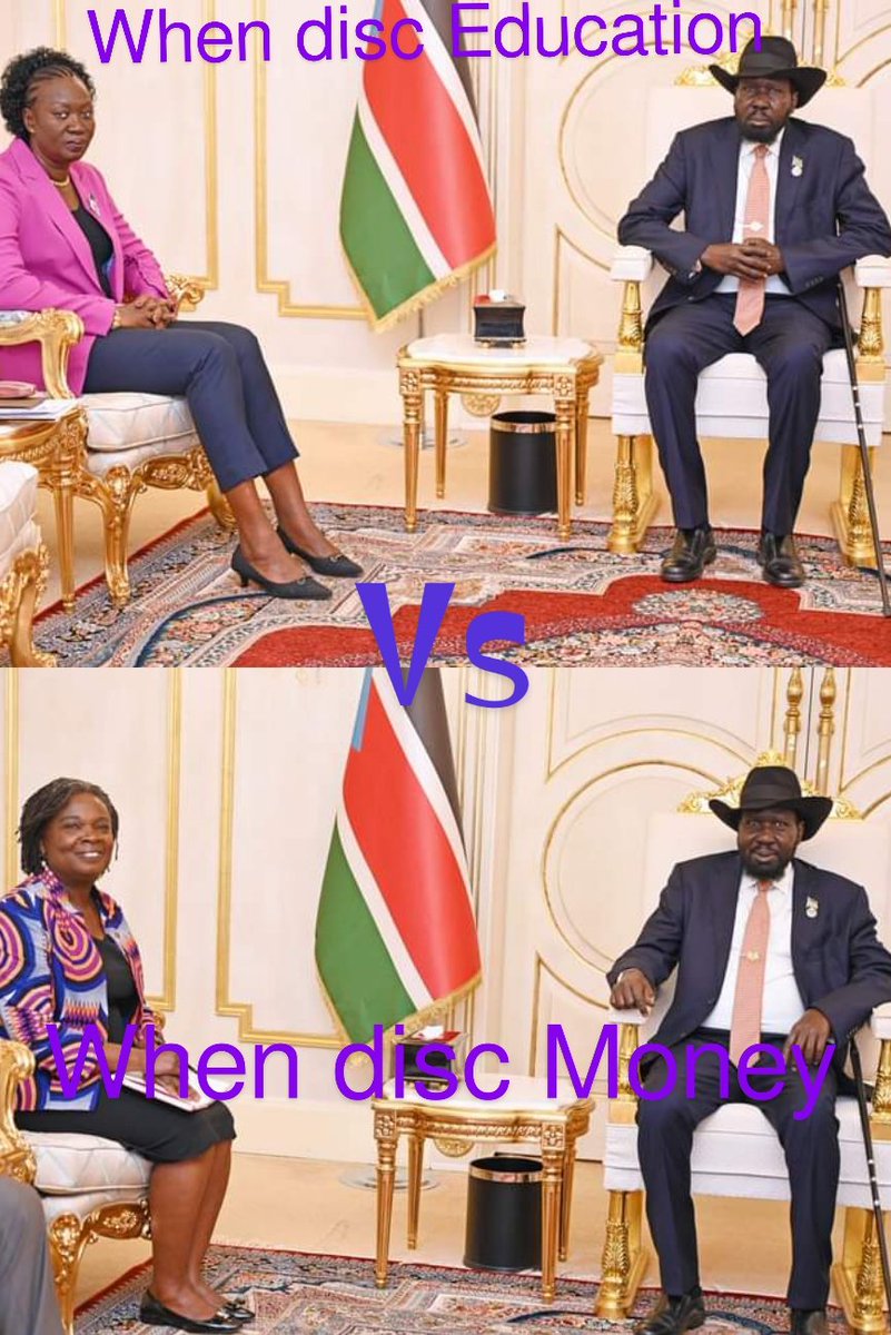 Gordonchien1's tweet photo. Two pics of President Kiir in the same day, rude and smiling in different meetings; when discussing Education with Minister of General Education Versus When discussing money with World Bank. https://t.co/HE5mW1RdrQ