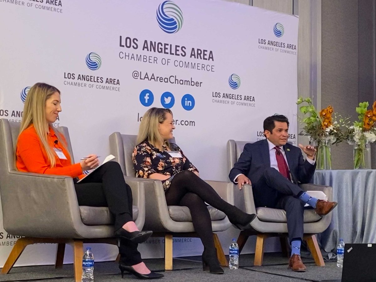 LAAreaChamber's tweet photo. Rep. Jimmy Gomez joined Whitney Pesek and Alysia Bell for a panel on Child Care &amp; the Economy to discuss how to improve child care and the importance of early education to set students up for success. https://t.co/4MkTZqCU5c