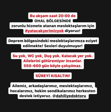 hekimsen's tweet photo. Deprem bölgesine atanan, deprem bölgesinde çalışmaya devam eden, evleri olmayan kalacak yer gösterilmeyen hekimler #yatacakyerimizyok diyor. Ancak bu işlerin düzeninden sorumlular kafalarını kuma gömmüş bekliyor. https://t.co/8P8ioaUPsm