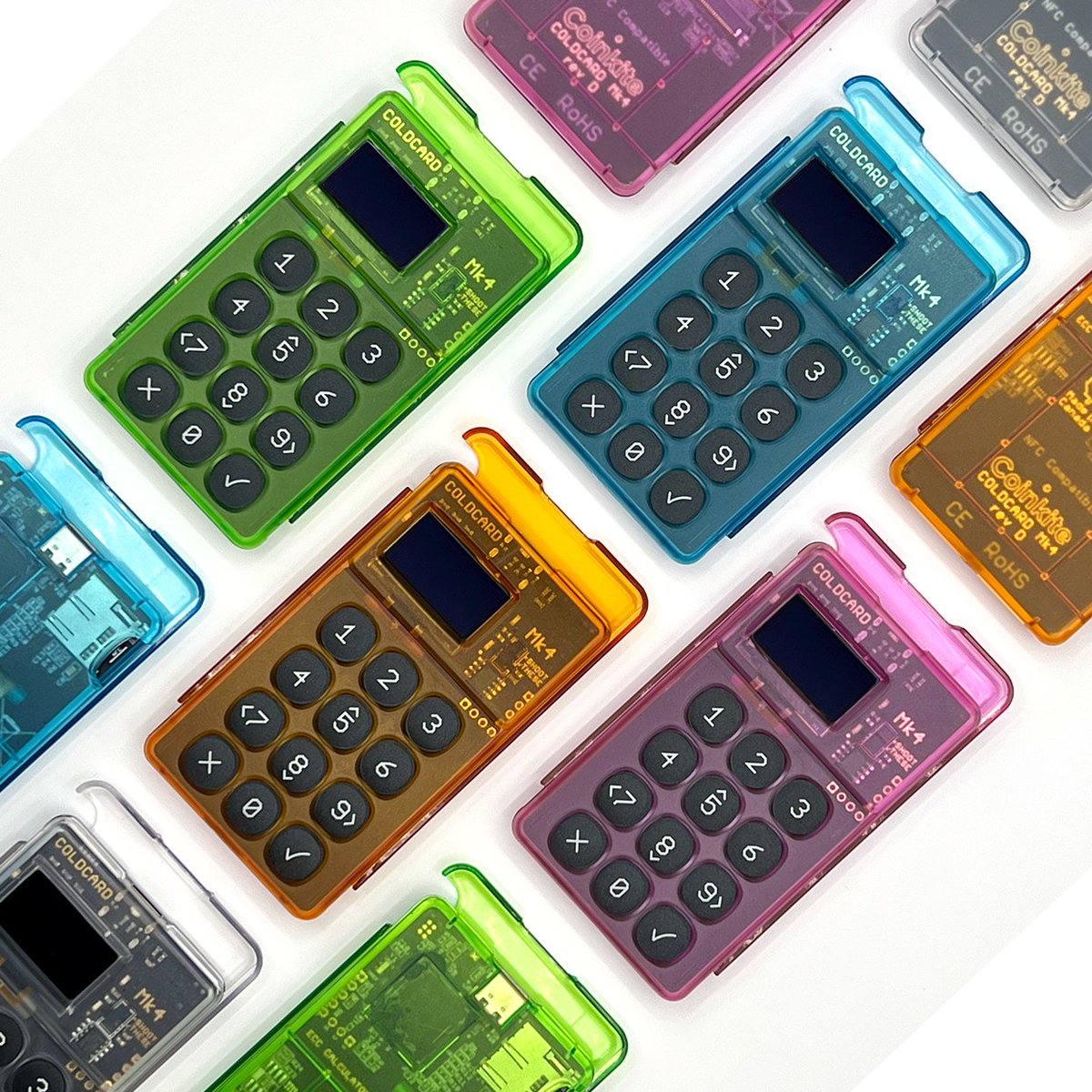 nvk's tweet image. You asked, you got it. COLDCARD Mk4 in clear 4 colors; Toxic, Cold, Bitcoin and Pinko.

store.coinkite.com/store/category…