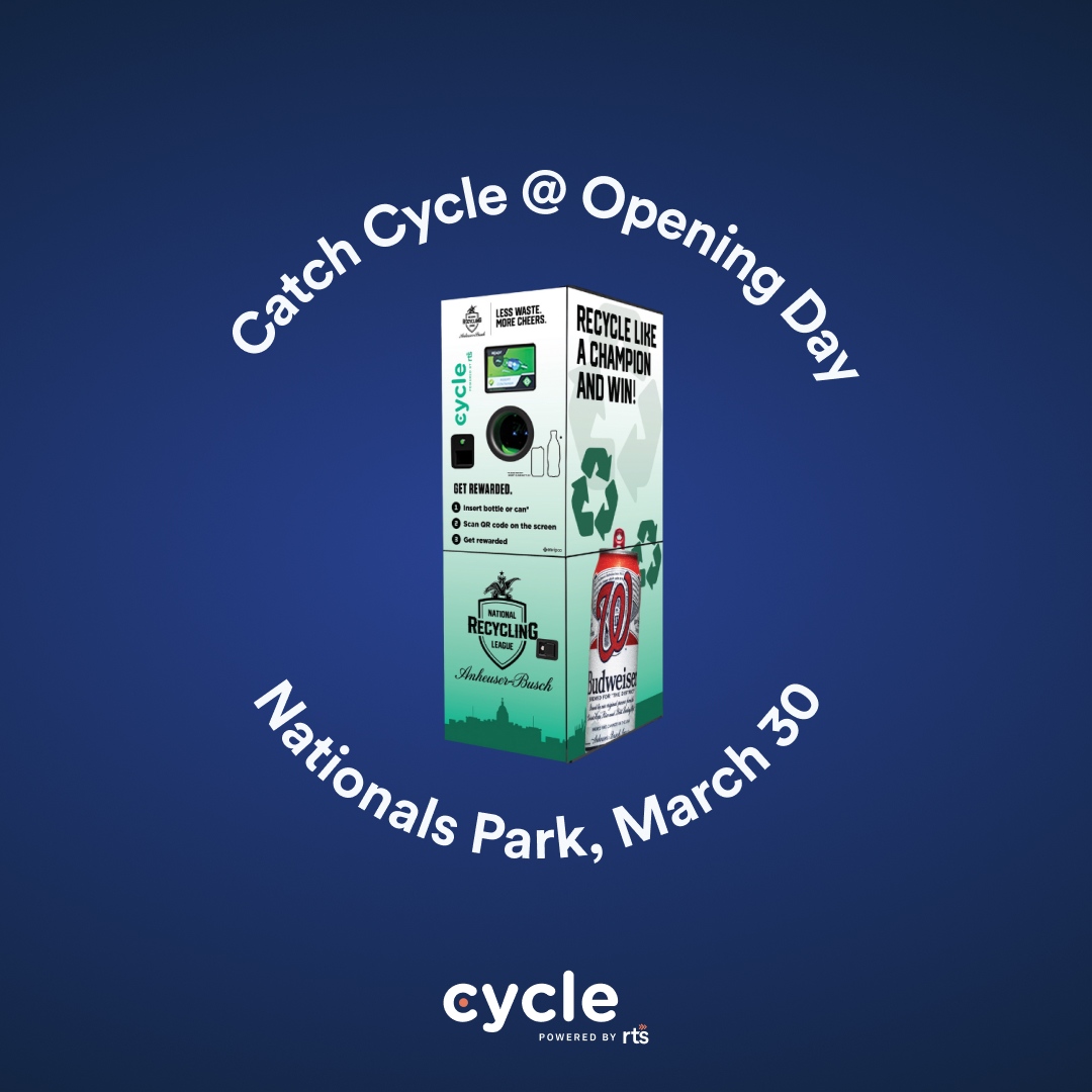 RTSGreen's tweet photo. ⚾️ Join us on @Nationals opening day and catch our Cycle reverse vending machine for a chance to win big by recycling.

One lucky recycler at each game will win tickets to a Nats game. Support your team and make every #recycling effort count ♻️

#NATITUDE #NationalRecyclingLeague https://t.co/unEv9vnR51