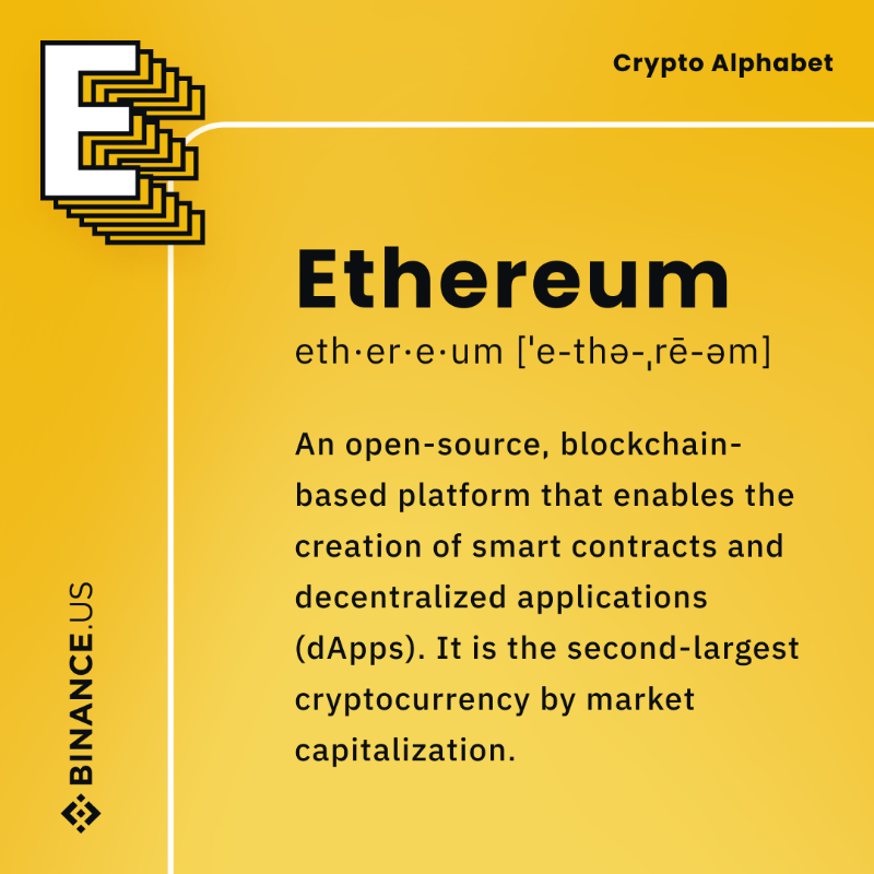 BinanceUS's tweet photo. Welcome back to Crypto A-Z 📚

Today's #crypto word of the day is brought to you by the letter E!

Ethereum: An open-source, blockchain-based platform that enables the creation of smart contracts and decentralized applications.

Ready to learn with https://t.co/AZwoBOgsqS 👇