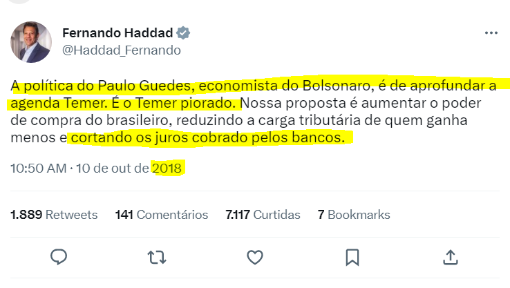 oswaldtoshiro's tweet photo. Fernando Haddad e o discurso contra os juros de dois dígitos e cartel dos bancos, a thread 🧶:

Nosso herói estava putaço em 2018, dizia que ia chutar a porta, cortar os juros e dar voadora em banqueiro...+ https://t.co/5s0tEkV4f3