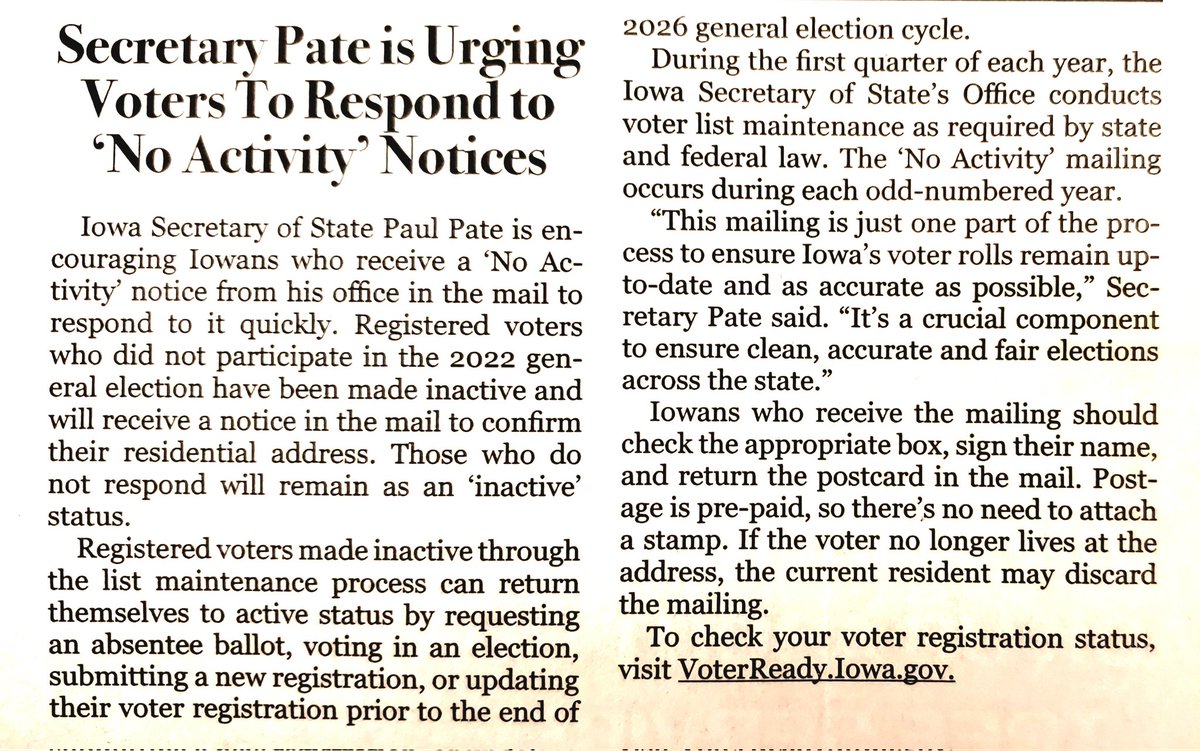 If you live in Iowa and did not vote in 2022, you should get a 'no activity' notice in the mail. You need to confirm your address to maintain an active voter registration. Check your voter registration at VoterReady.Iowa.gov