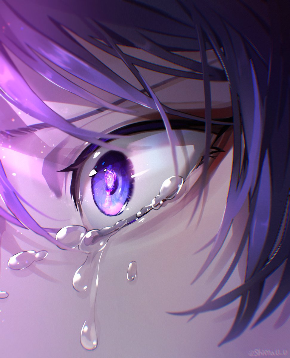 scaramouche (genshin impact) 1boy purple eyes eye focus male focus tears crying solo  illustration images