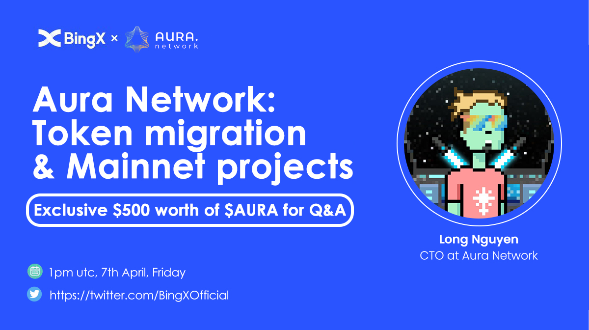 BingXOfficial's tweet photo. 🎆 #BingX &amp; Aura Network: Token migration &amp; Mainnet projects #AMA #Twitter AMA   @AuraNetworkHQ 

📆: April 7th, Friday 
⏰: 1 PM (UTC) 
🏛️Venue: https://t.co/EhYDJKDrPi  
💰Prize Pool: $500 worth of $AURA.

 10 questions will be selected to win $50 of $AURA each. https://t.co/CiuyrSm3yX