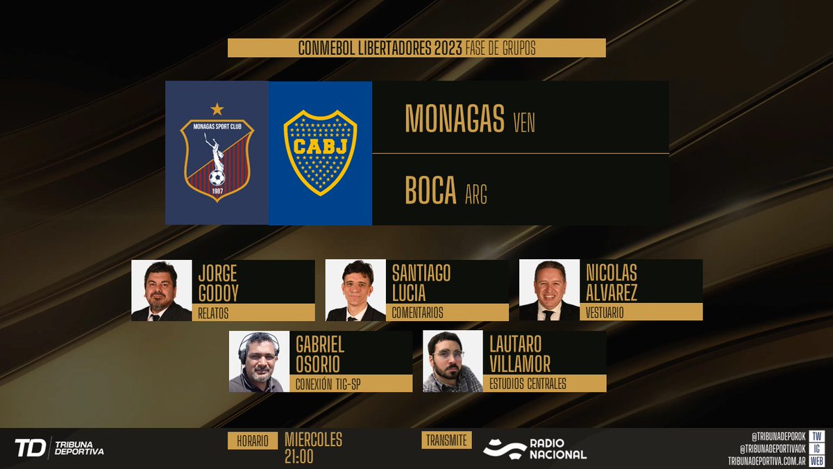 TribunaDeporOK's tweet photo. #Libertadores 
#Monagas 🇻🇪    #Boca 🇦🇷
🎙 @JorGodoy
🎙 @santilucia
🎙 @Alvarez73Nico
🎙 Tig~S.P: @GabrielOsorio34
🎙 Lautaro Villamor 
📻  @NacionalAM870 ~ @Am870Deportes https://t.co/1exfbUE1B9