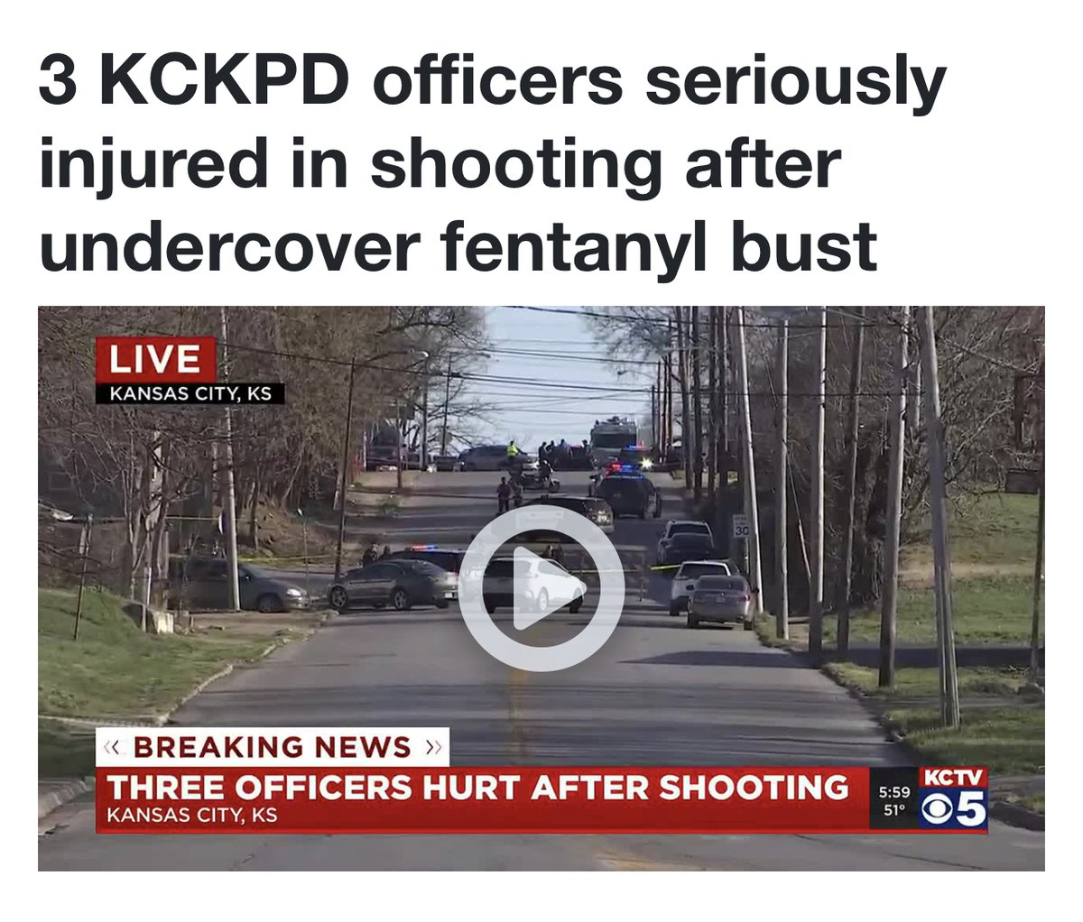 Please pray for the three Kansas City Police Officers who were shot during a fentanyl bust today. All three officers are hospitalized with serious, but non-life-threatening injuries.