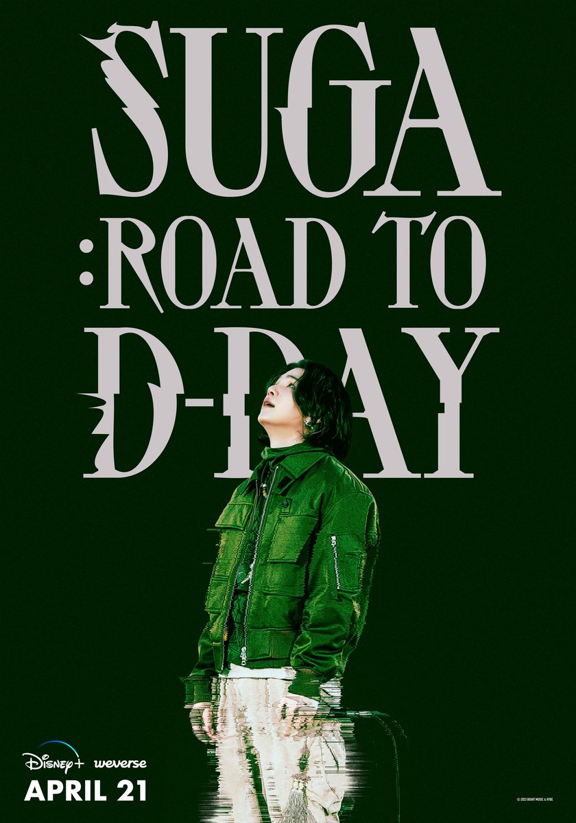 btsgaveme2wings's tweet photo. 🚨 | ANUNCIO: El documental de SUGA se estrenará este mes.

BIGHIT MUSIC ya confirmó que el documental titulado <Road to D-DAY> protagozinado por el miembro SUGA (de @BTS_twt) se estrenará el día 21 de abril a las 11:00PM (KST) de manera simultánea en Disney+ &amp; Weverse. https://t.co/18JUvm8HdY