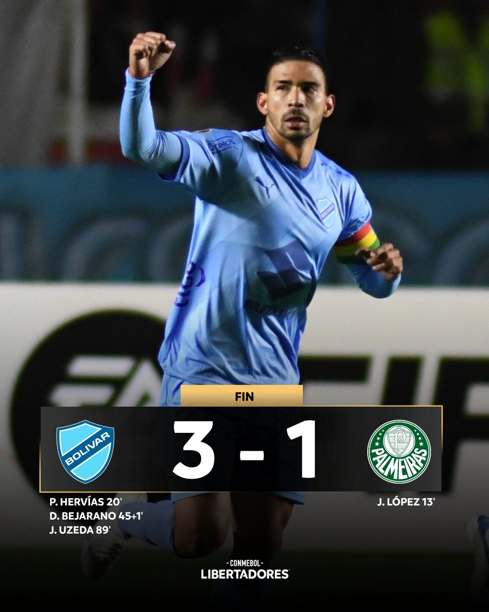 Libertadores's tweet photo. 🇧🇴🏆🇧🇷 ¡@Bolivar_Oficial pisó fuerte en La Paz! 

⚽️💪 La Academia venció 3⃣-1⃣ como local a @Palmeiras en la primera jornada del Grupo C de la CONMEBOL #Libertadores. 

#GloriaEterna https://t.co/tF1jeICLyo