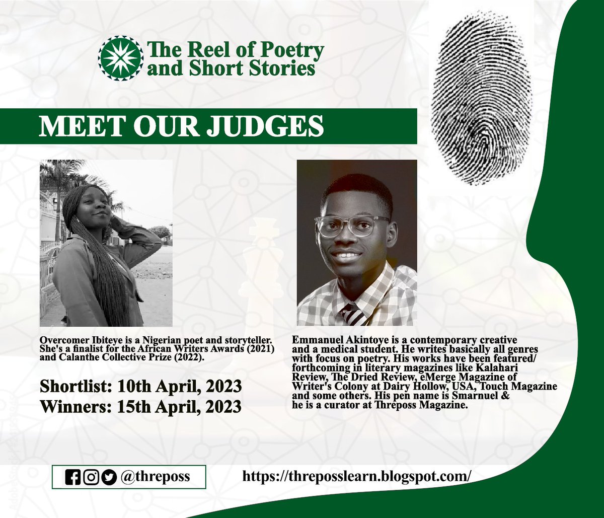 Big announcements...anticipate:

Two Categories, one winner in each; Poetry and Short Stories.

Entries for Short Stories were quite few; however, we have a winner scoring so high!

#Poetry #contests #THREPOSS #Judges #TheReelOfPoetryAndShortStories POLITICS