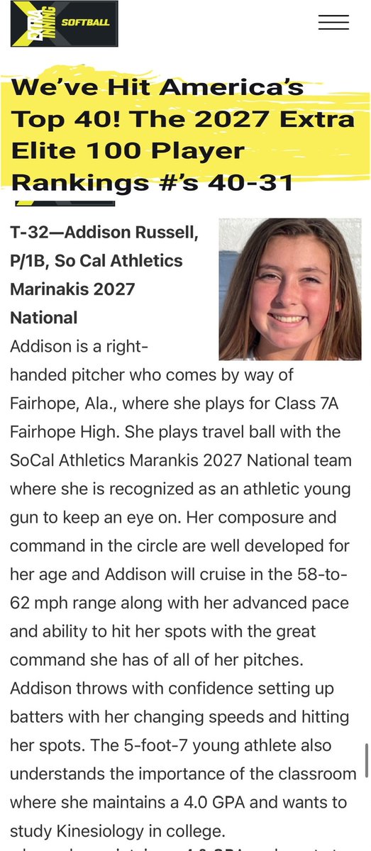 Athletics_2027's tweet photo. Extra Innings Elite Top100 Rankings for the Class of 2027 countdown continues for 2023 & Addison Russell is the next one from SoCal 09's National team to be recognized. She moved up a few spots from #41 last year to #32!! Congrats 27, keep spinning that ball! #SoCal09N https://t.co/xHEQwPDLsh