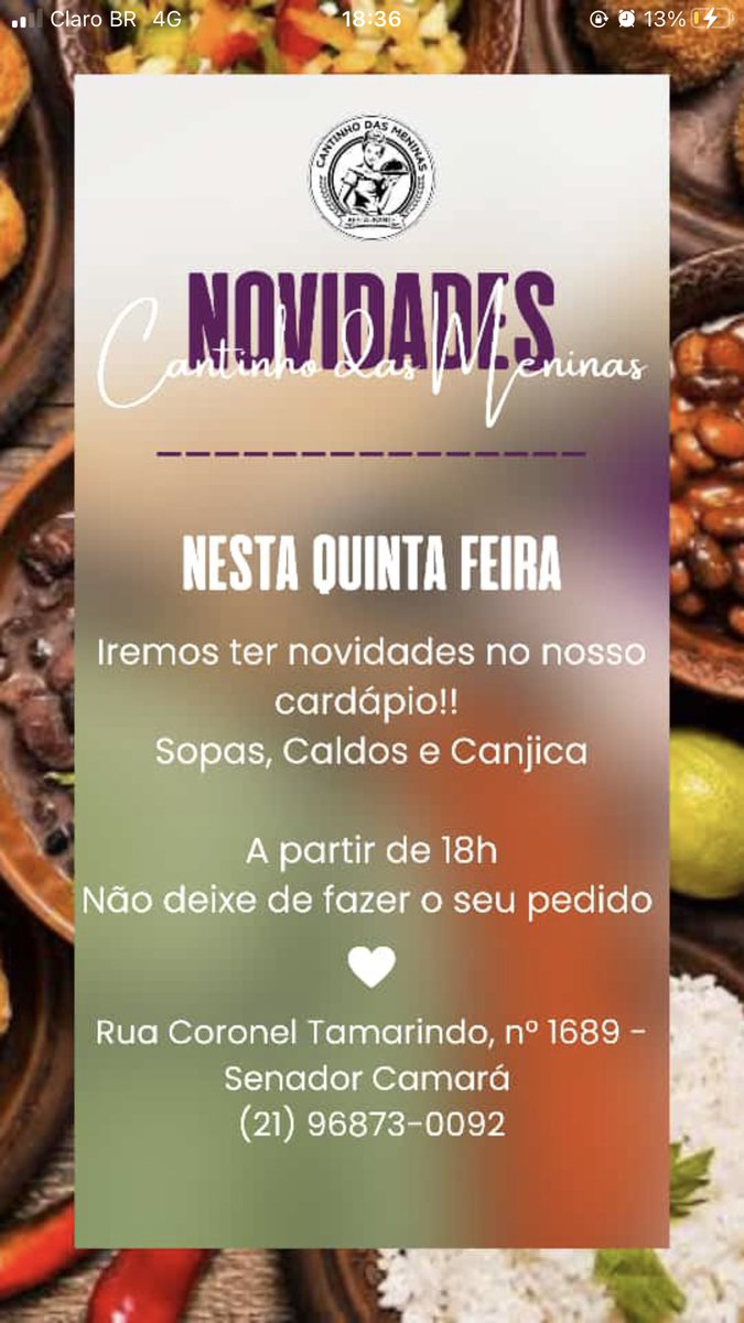 ⚠️⚠️⚠️Novidades⚠️⚠️⚠️
 Não percam , nesta quinta-feira estaremos fazendo entregas apartir de 18:00 Bobo de camarão, sopa de ervilha , legumes , canjica , e de sobremesa ,pudim …
Peça já a sua… 🙌🏻🔛🛵📲
WPP: 2196873-0092