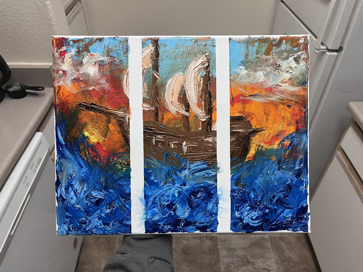 TheSyrensSong's tweet photo. I have discovered that oil paints are not a good medium when you are too impatient to wait for them to dry before adding more. Also probably didn’t help that I only used a spatula instead of brushes 😅

#oilpainting #firsttimeart #adhd https://t.co/Mdp0O9hFdL
