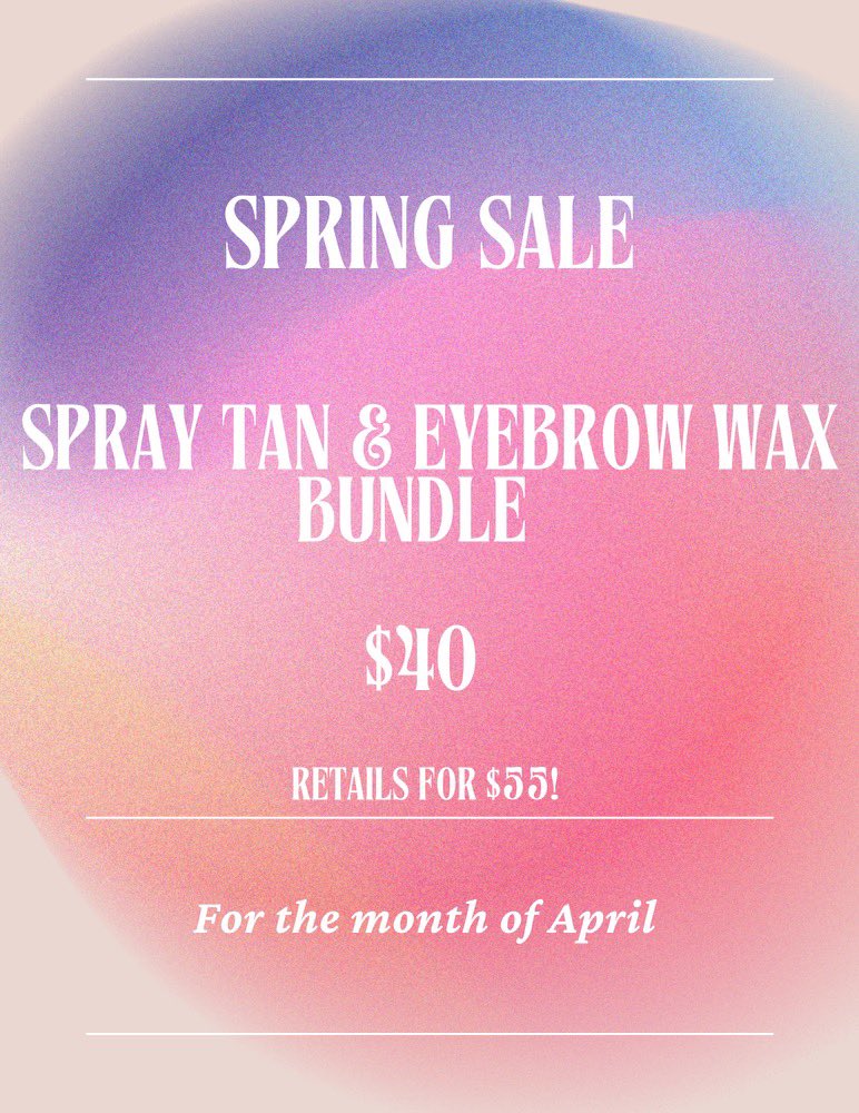 April Special. Get prom ready. Get ready for special events. We are here! Eyebrow wax plus spray tan!! Call 402.936.6198 to schedule with Tae-Ana!