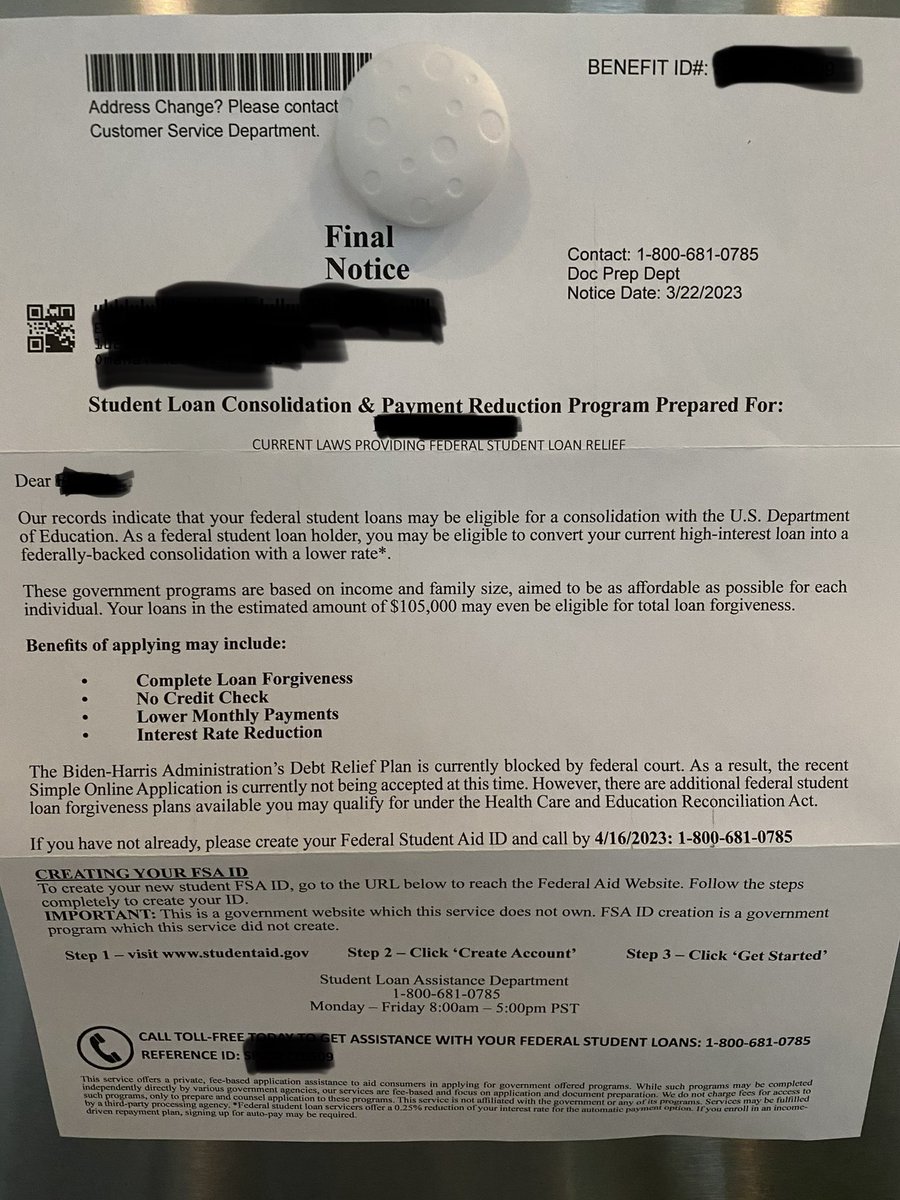 If you get something like this, it’s a private company wanting you to pay them somewhere between $1200-1800 to consolidate your federal loans and pick an income-driven repayment plan.

This can be done for free in your studentaid.gov login

Throw this paper in the 🗑️ or