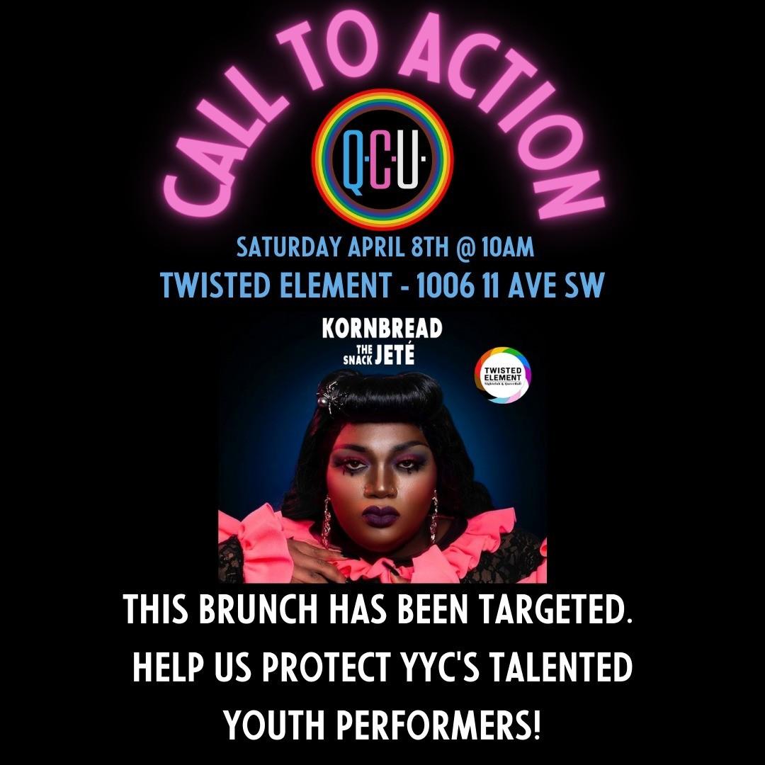 QCUyyc's tweet photo. ๐จ CALL TO ACTION ๐จ
Help us protect yyc's incredibly talented youth performers! This is a huge opportunity & their show has been targeted!
๐ Saturday, April 8, at 10 am
๐Twisted Element - 1006 11th Ave SW
Come in groups if possible!
#stophateyyc #TwistedElement https://t.co/kMU12OcKLi