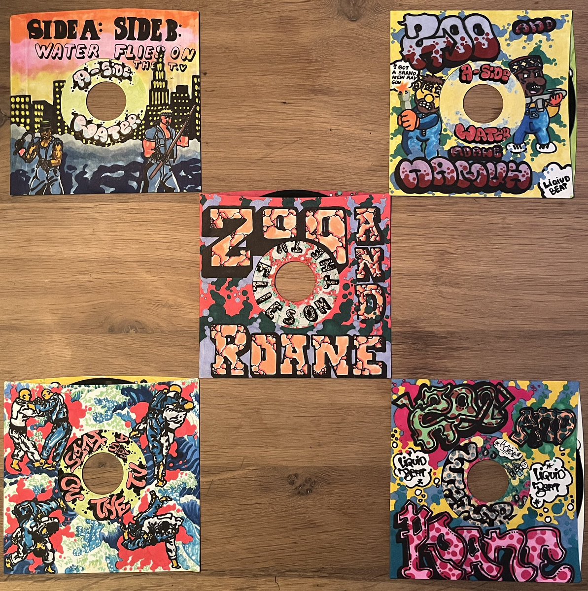 New digital &amp; 7” single from Zoo and @roane_namuh drops Friday!

Pictured here are some examples of  the extremely limited,
one-of-a-kind, hand drawn sleeve &amp; label versions of the 45 by Zoo himself!  Available exclusively through the LB <a href="/Bandcamp/">bandcamp</a> page liquidbeat.bandcamp.com/album/journey-…