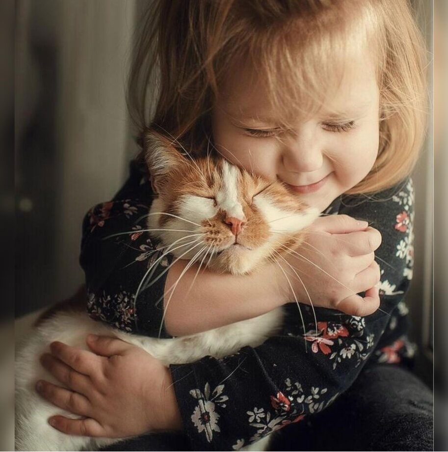 Девочка обнимает кота