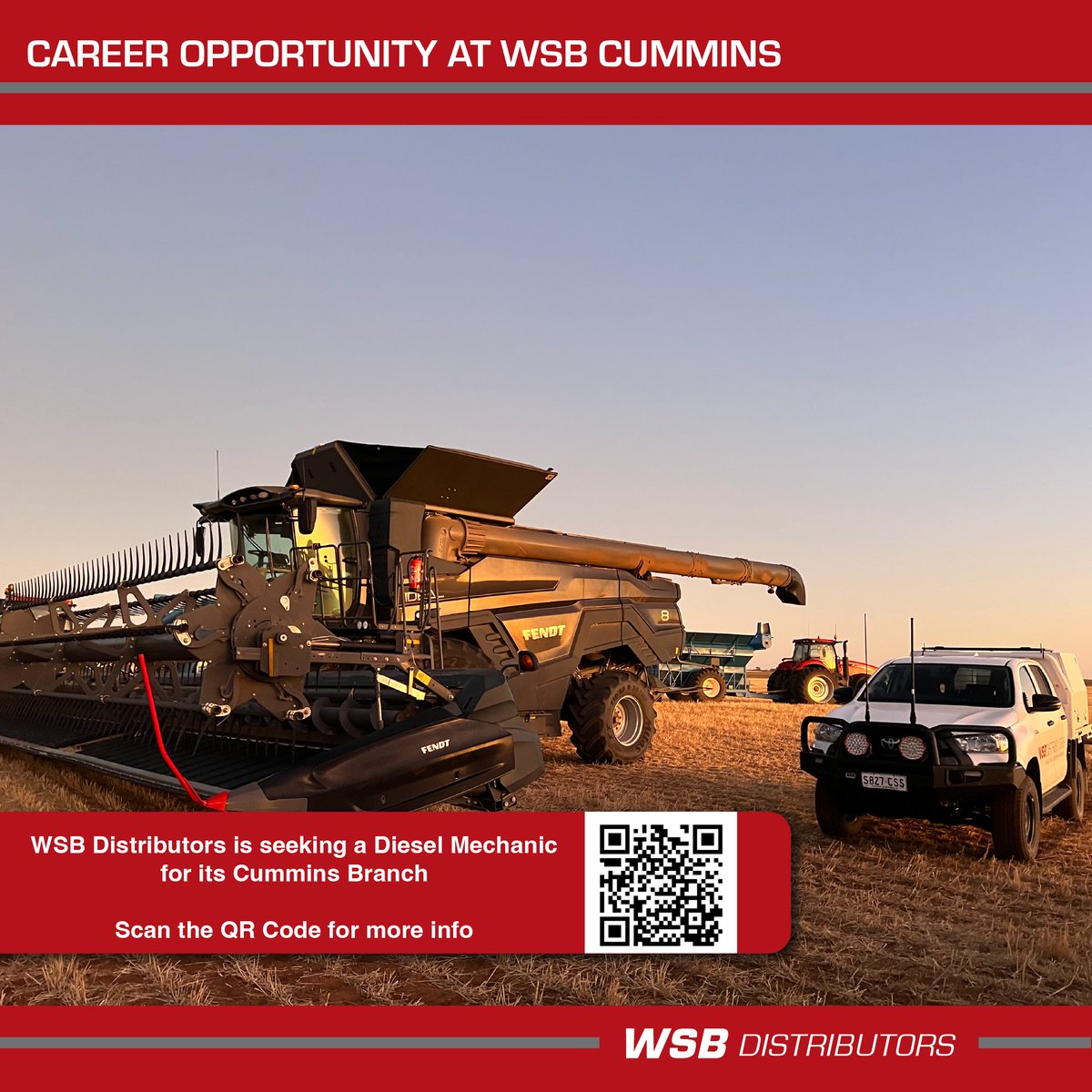 WSB Distributors Cummins is on the hunt for an outstanding Diesel Mechanic.
seek.com.au/job/66666988?t…

#humanresources #employeeengagement #workplace #staffingagency #employers #employeremployer #eyrepennisula #eyrepenisulafarming #farming #tractor #mechanic