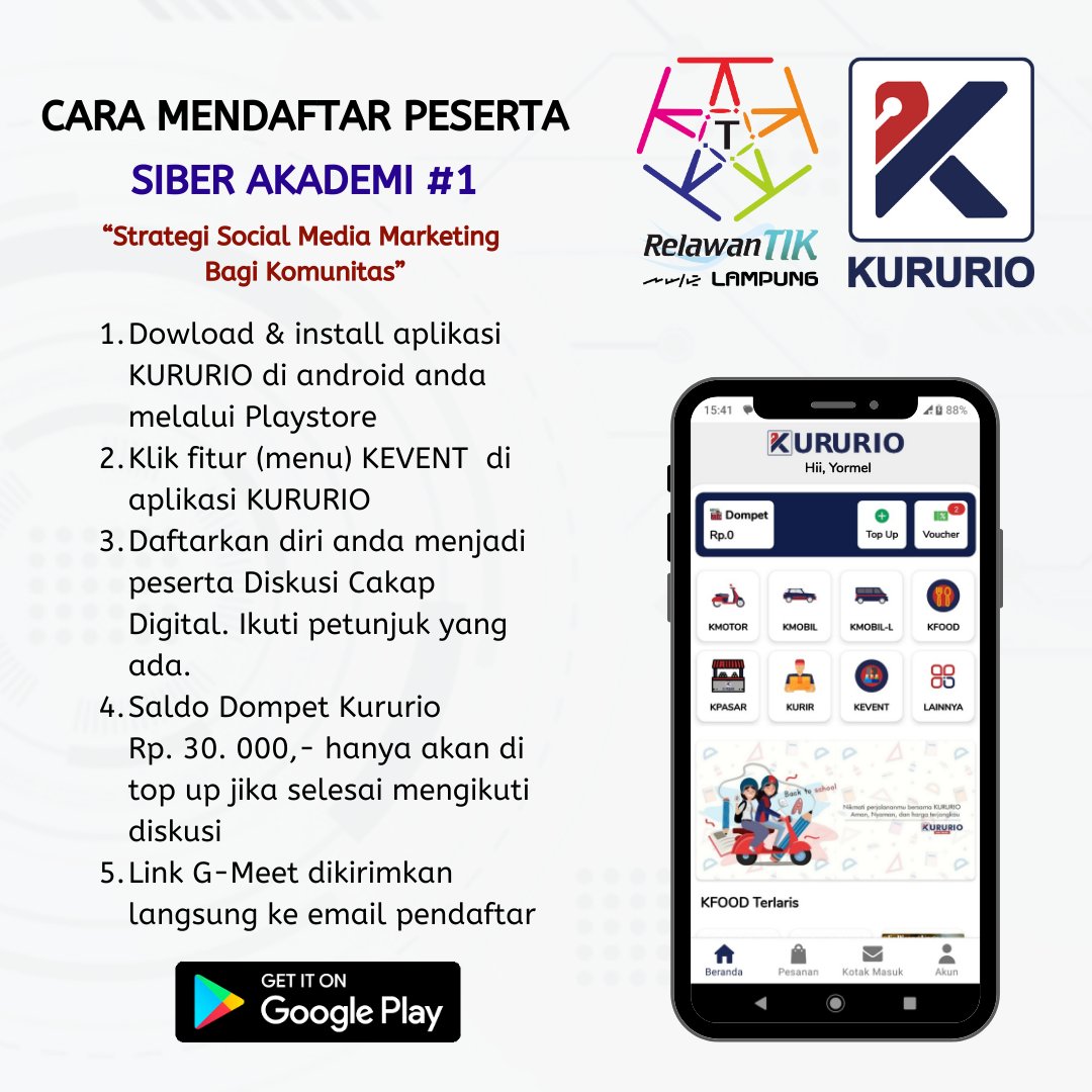 Ayo ikut Siber Akademi #1

Tema "Stretegi Social Media Marketing Bagi Komunitas"

Sabtu - Minggu, 8 - 9 April 2023 (15:00 - 17:00 WIB)

Gratis, Dapat E-Sertifikat &amp; Saldo KURURIO Rp. 30 K

Pendaftaran melalui Fitur KEVENT di aplikasi KURURIO

#kururio
#rtiklampung
#siberakademi