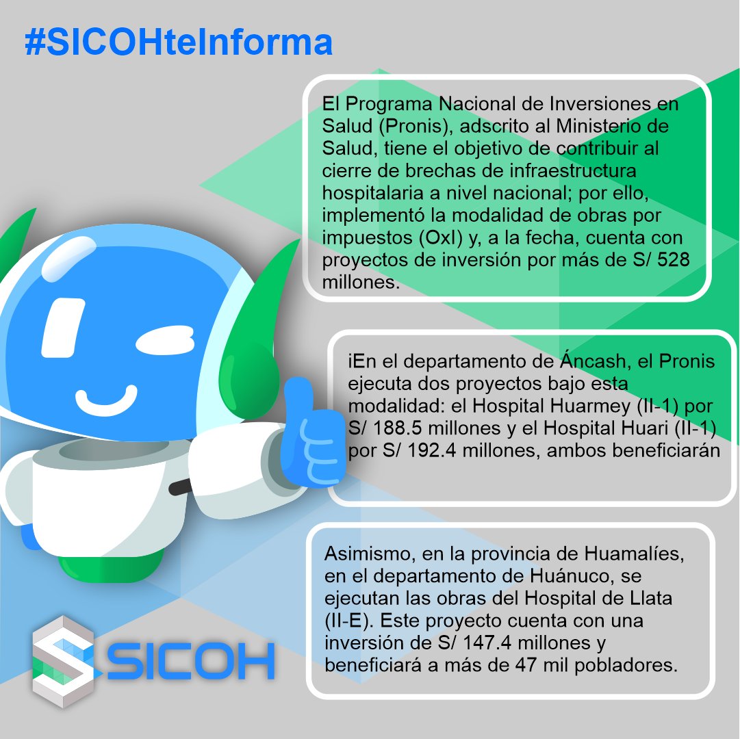 SICOH_SAC's tweet photo. Nuevos hospitales, ejecutados bajo la modalidad de obras por impuestos, beneficiarán a cerca de 200 mil personas de Huánuco y Áncash.
Para mayor alcance de la noticia te dejamos el link: https://t.co/ENdzJ2u9pH
#SICOHteInforma https://t.co/29njO05kAg