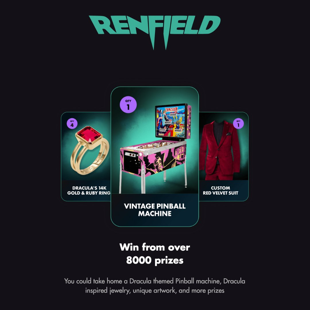 Aptos's tweet photo. Play FREE RENFIELD The Game for a chance to claim rare and 1-of-1 prizes from Dracula's lair 🧛‍♂️

New winners are selected weekly. Points are tallied every Friday at 11:59pm PT. More points = more chances to win! 🎁

Free Renfield, now through April 20th👇
https://t.co/UY5HJjP220 https://t.co/0nwLNZHChD