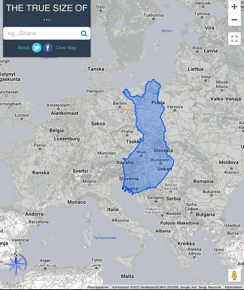 VFinnishProbs's tweet photo. Ever wondered how big Finland is? Now you know https://t.co/KjR0mySWnk