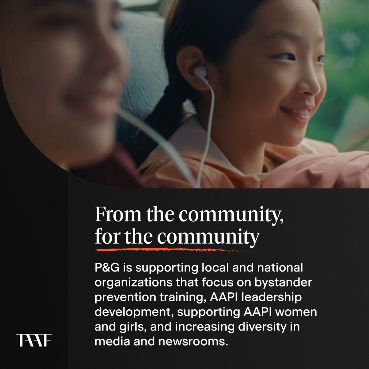 taaforg's tweet photo. As an AAPI Giving Challenge partner, @ProcterGamble brings representative and equitable storytelling to embrace the AAPI experience. As part of their ongoing advocacy for equality and inclusion, they are taking action to elevate their partners, providing much needed support. https://t.co/9tVjs41WDu