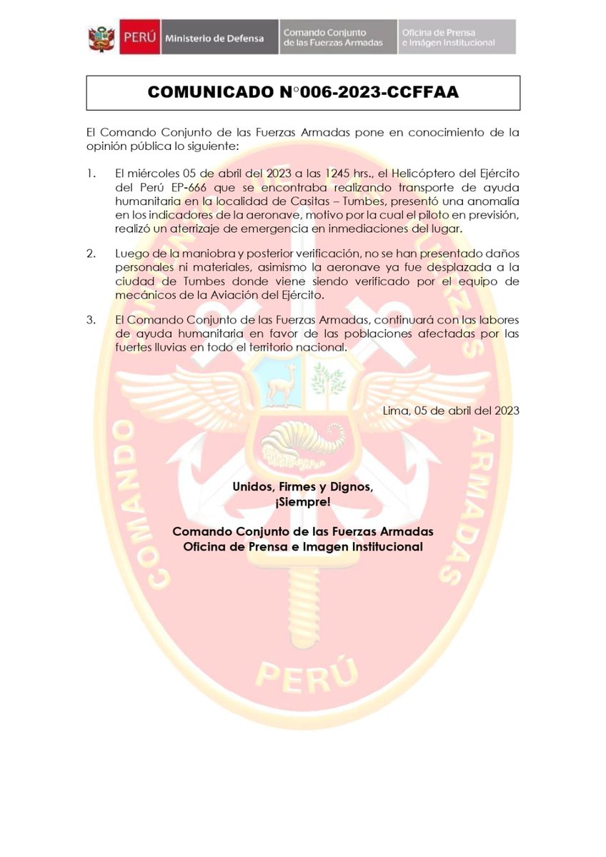 CCFFAA_PERU's tweet photo. COMUNICADO N°006-2023-CCFFAA
El Comando Conjunto de las Fuerzas Armadas pone en conocimiento de la opinión publica lo siguiente:

@EjercitoPeru @naval_peru @fapperu https://t.co/Ly5zkGbmPs