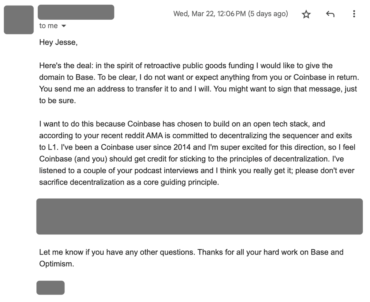 base.org → base.eth

Thanks to an anonymous gift from a stranger who shares our vision of decentralization, base.eth is now our primary onchain identity.

Mint this piece of Base history on @ourZORA, available until 4/12 at 5pm PT / 8pm ET:
zora.co/collections/0x…