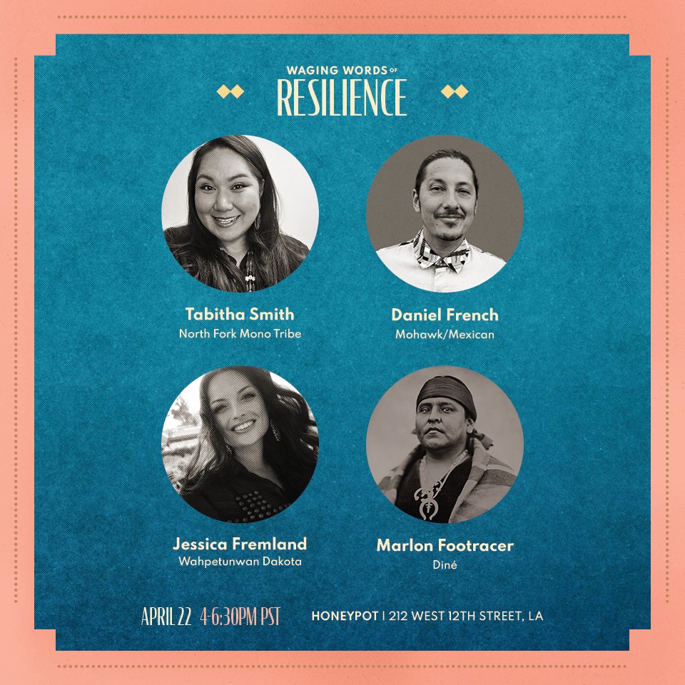 CultureStrike's tweet photo. LOS ANGELES! Join us Saturday, April 22nd at Honeypot LA at 4:00PM for an afternoon of poetry from four talented indigenous artists: @TabStar916, Jessica Fremland, @frenchismexican, and @bethepoetry. Presented by multimedia artist @NavajoFilmmaker.  #IndigenousPoetry #WagingWords https://t.co/Tp5eSUftxQ
