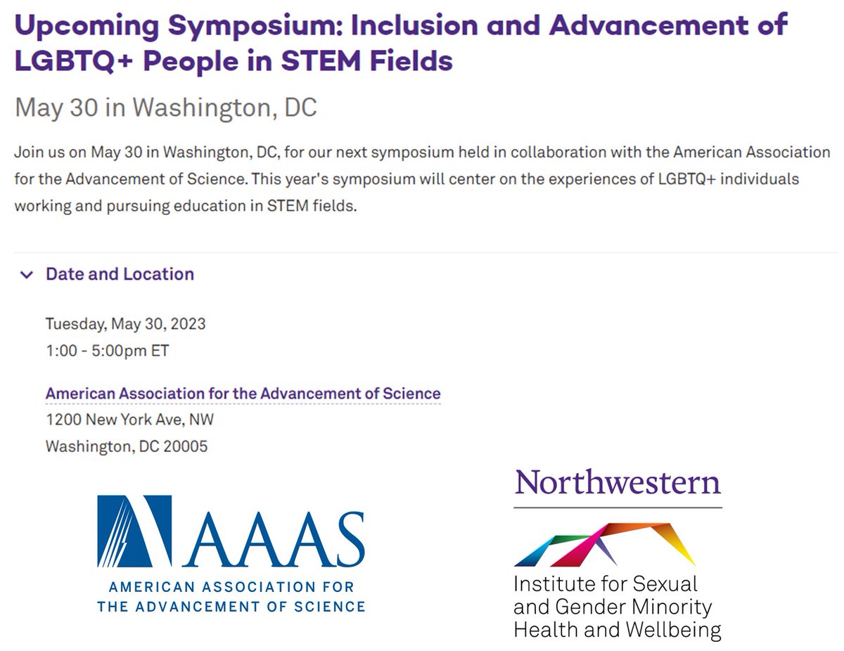 Save the date!

We'll be hosting a first-of-its-kind symposium &amp; think tank on the inclusion &amp; advancement of LGBTQ+ people in STEM at @AAAS in DC. Join us for the symposium as we bring together policymakers, researchers, &amp; community members on May 30. 🏳️‍🌈

bit.ly/3UcT0Au