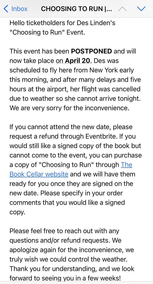 So bummed to have to reschedule tonight’s #ChoosingToRun event with <a href="/FleetFeetChgo/">Fleet Feet Chicago</a>. Look forward to heading that way on April 20th and to have another Boston Marathon “chapter” to add to our discussion.