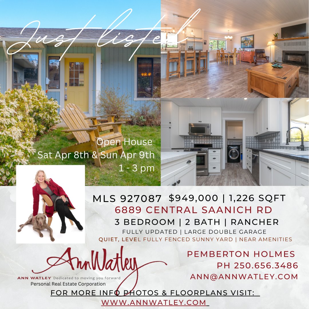 New Listing! $949,000 | 3 BR 2 BA | One-level rancher in the heart of Central Saanich, fully updated charming home. For more info copy & paste the link to my website:  annwatley.com/all-victoria..…
#yyj #CentralSaanich #victoriarealestate #pembertonholmes