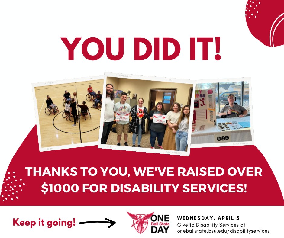 DSBSU's tweet photo. WOAH! You did it!! Together, we’ve raised over $1000 to support students with disabilities on campus. Thank YOU!

Want to keep it going? Gifts can be made until midnight at https://t.co/F5ktdKBpLe!

alt: YOU DID IT! Thanks to you, we’ve raised over $1000 for Disability Services! https://t.co/IQQLR4ltI5